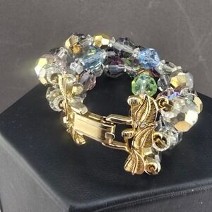 Vintage Estate Bracelet Glass AB Double Strand Beaded Leaf Gold Tone 6.25in